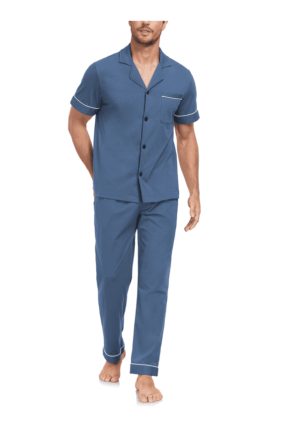 Men's 100% Cotton Pajama Sets Button Down Loungewear with Long Pants Summer Breathable Pjs with Pockets(Blue,S)