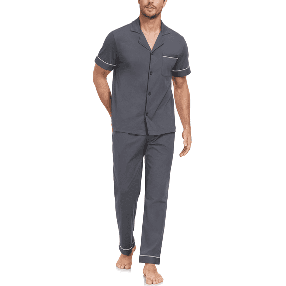 EA'S SECRET Men's 100% Cotton Pajama Sets Button Down Loungewear with Long Pants Summer Breathable Pjs with Pockets(Iron Grey,M)
