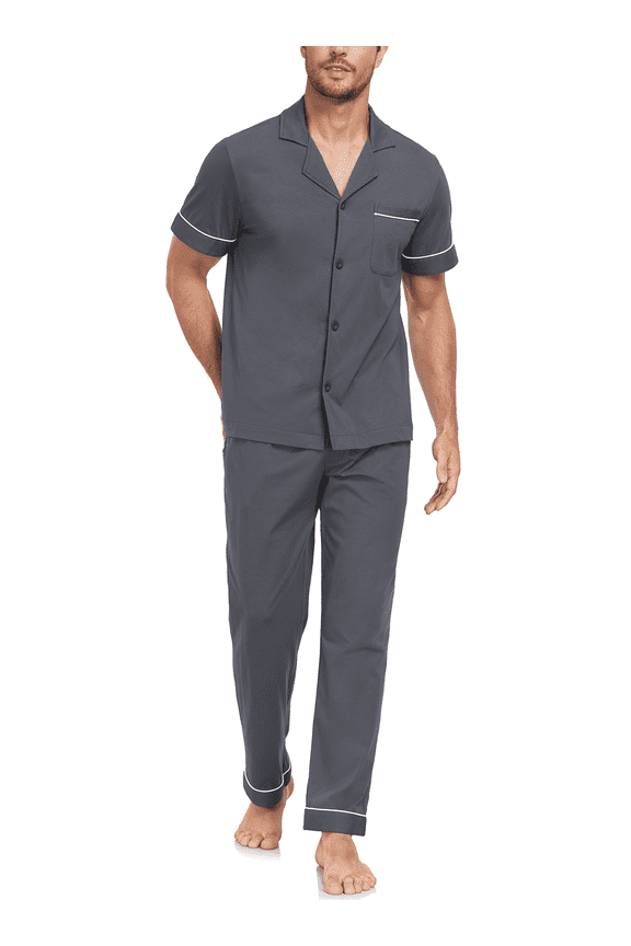 Men's 100% Cotton Pajama Sets Button Down Loungewear with Long Pants Summer Breathable Pjs with Pockets(Iron Grey,S)
