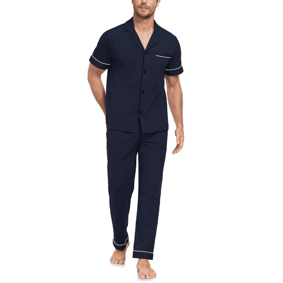 EA'S SECRET Men's 100% Cotton Pajama Sets Button Down Loungewear with Long Pants Summer Breathable Pjs with Pockets(Navy Blue,M)