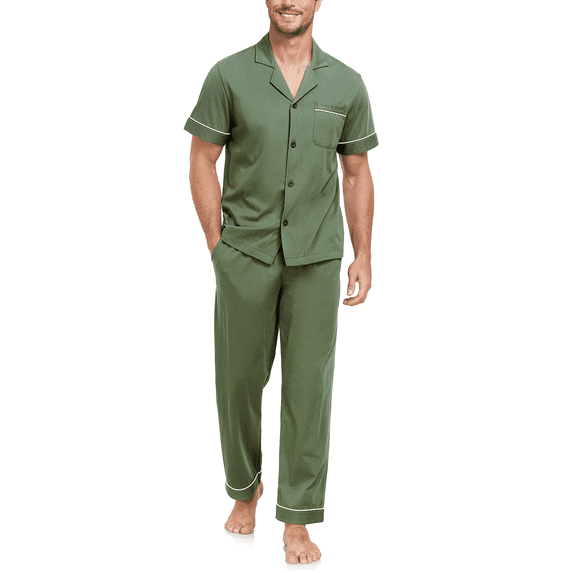 EA'S SECRET Men's 100% Cotton Pajama Sets Button Down Loungewear with Long Pants Summer Breathable Pjs with Pockets(Army Green,S)