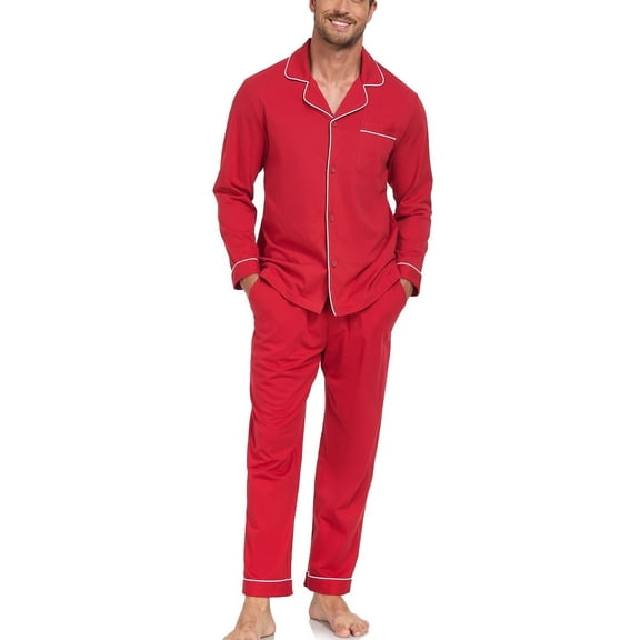 EA'S SECRET Men's Pajama Set 100% Cotton Soft Long Sleeve Pajamas Lounge Pjs Button-Down Notch Collor Sleep Sets Lightweight Pj Cozy Sleepwear(Cherry,L)