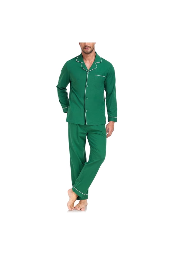 Men's Pajama Set 100% Cotton Soft Long Sleeve Pajamas Lounge Pjs Button-Down Notch Collor Sleep Sets Lightweight Pj Cozy Sleepwear(Green,L)