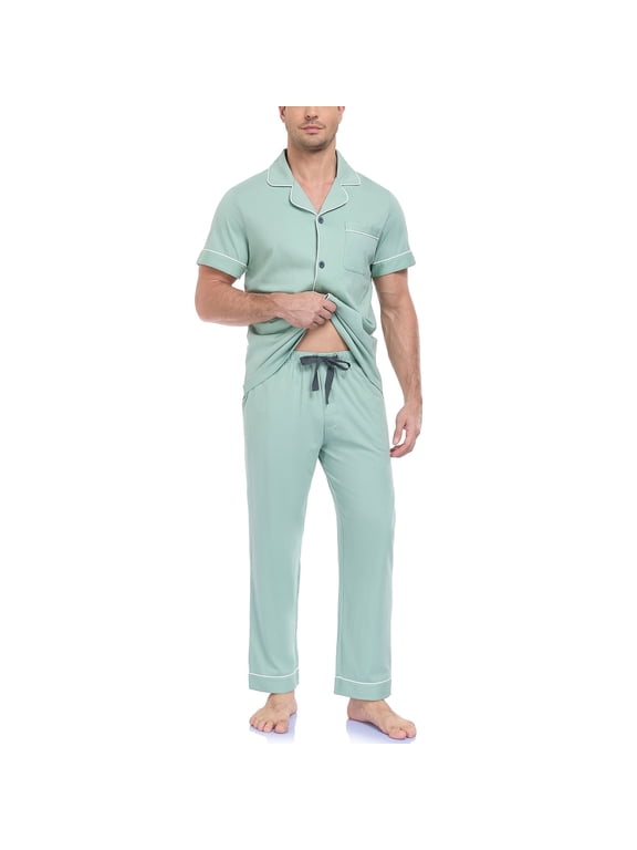 Men's Pajama Set Sleepwear 100% Cotton Pjs Lightweight Short Sleeve Shirts and Bottoms Loungewear Soft Comfy Sleep Sets(Turquoise,L)