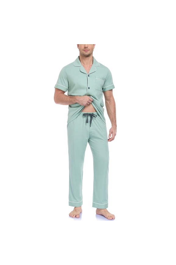 Men's Pajama Set Sleepwear 100% Cotton Pjs Lightweight Short Sleeve Shirts and Bottoms Loungewear Soft Comfy Sleep Sets(Turquoise,M)
