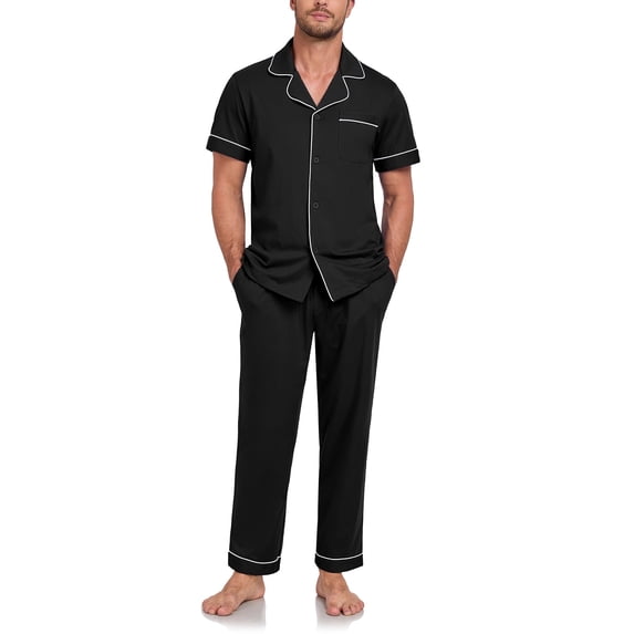 EA'S SECRET Men's Pajamas Set Short Sleeve Pjs Ultra-Soft 100% Cotton Pajamas for Men Button Down Lounge Wear with Roomy Pockets(Black,XL)