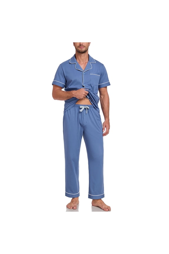 Men's Pajamas Set Short Sleeve Pjs Ultra-Soft 100% Cotton Pajamas for Men Button Down Lounge Wear with Roomy Pockets(Blue,M)