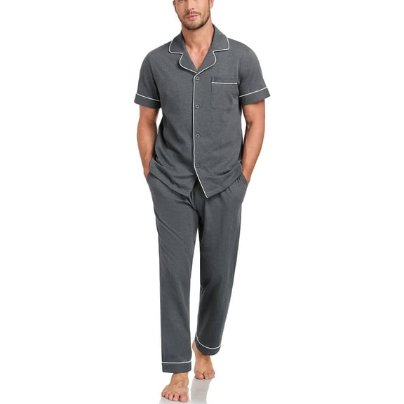 EA'S SECRET Men's Pajamas Set Short Sleeve Pjs Ultra-Soft 100% Cotton Pajamas for Men Button Down Lounge Wear with Roomy Pockets(Dark Gray,L)