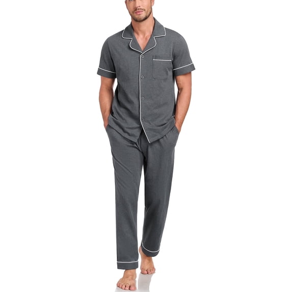EA'S SECRET Men's Pajamas Set Short Sleeve Pjs Ultra-Soft 100% Cotton Pajamas for Men Button Down Lounge Wear with Roomy Pockets(Dark Gray,M)