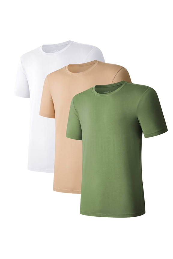 Men's Undershirts Bamboo Moisture-Wicking Crewneck T Shirts, Slim Fit Stretch Soft Tees for Men, 3 or 6 Pack(Green/Cream/White,L)
