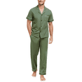 thumbnail image 1 of EA'S SECRET Mens 100% Cotton Pajamas Set Short Sleeve Long Pants Pjs Set Button Down Sleepwear with Pockets(Army Green,L), 1 of 8