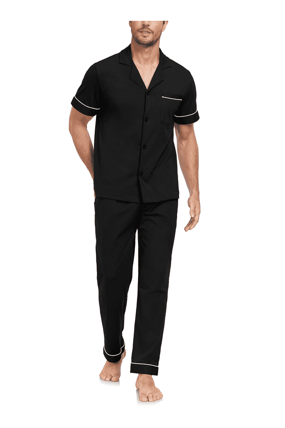 Mens 100% Cotton Pajamas Set Short Sleeve Long Pants Pjs Set Button Down Sleepwear with Pockets(Black,XL)