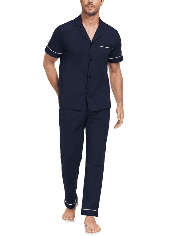 Mens 100% Cotton Pajamas Set Short Sleeve Long Pants Pjs Set Button Down Sleepwear with Pockets(Navy Blue,M)