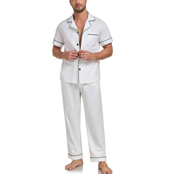 EA'S SECRET Mens Pajama Set Soft Button Down 100% Cotton Pajamas Short Sleeve Pjs Sleepwear Loungwear Comfy Sleep Sets with Pockets(White,XL)