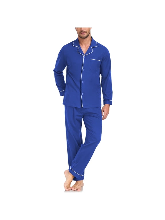 Mens Pajama Set Soft Long Sleeve 100% Cotton Button Down Notched Collar Pjs 2 Piece Sleepwear Lounge Nightwear with Pockets(Cobalt Blue,L)