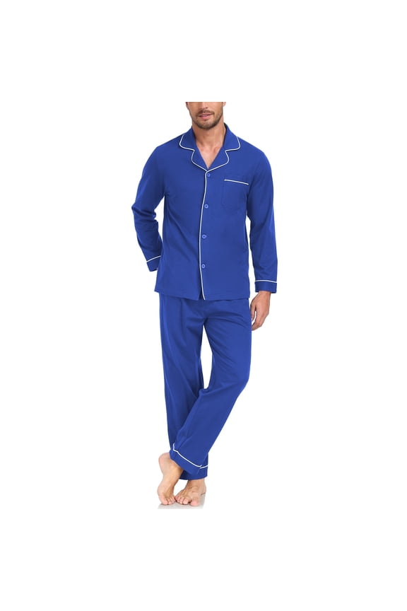 Mens Pajama Set Soft Long Sleeve 100% Cotton Button Down Notched Collar Pjs 2 Piece Sleepwear Lounge Nightwear with Pockets(Cobalt Blue,L)