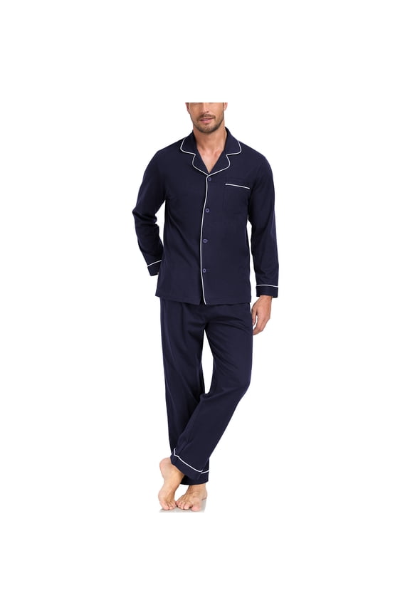 Mens Pajama Set Soft Long Sleeve 100% Cotton Pajamas for Men Button Down Pjs Notched Collar Pjs 2 Piece Sleepwear Lounge Nightwear with Pockets(Navy,M)