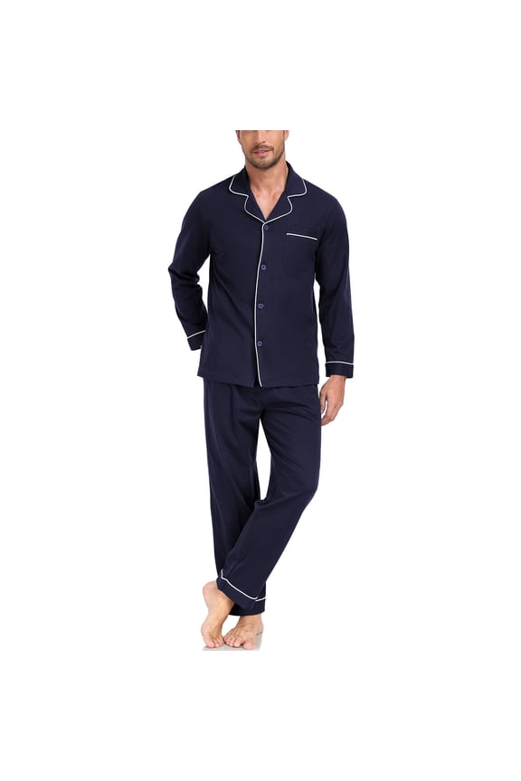 Mens Pajama Set Soft Long Sleeve 100% Cotton Pajamas for Men Button Down Pjs Notched Collar Pjs 2 Piece Sleepwear Lounge Nightwear with Pockets(Navy,S)