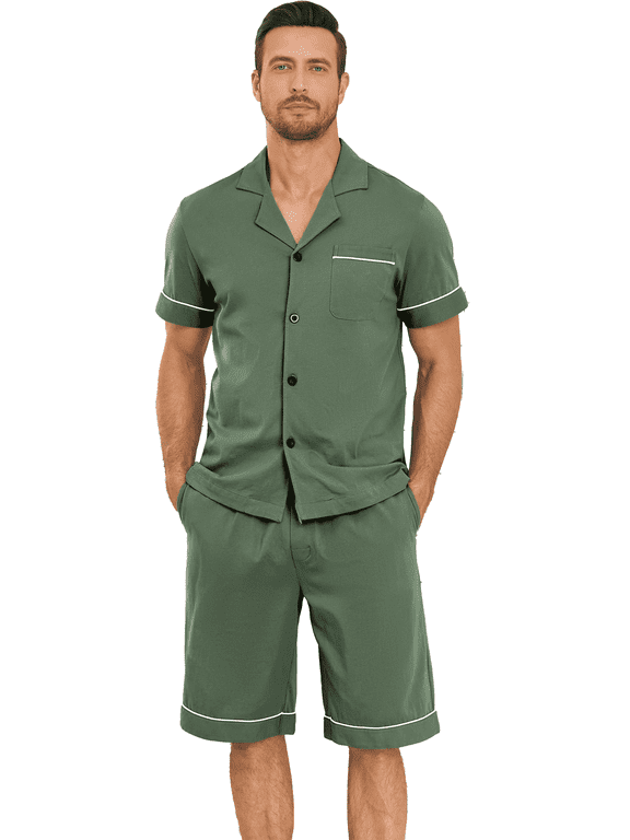 Mens Pajamas Set 100% Cotton Short Sleepwear Sets Classic Button Down Loungewear Summer Mens Pjs Sets With Pockets (Army Green,M)