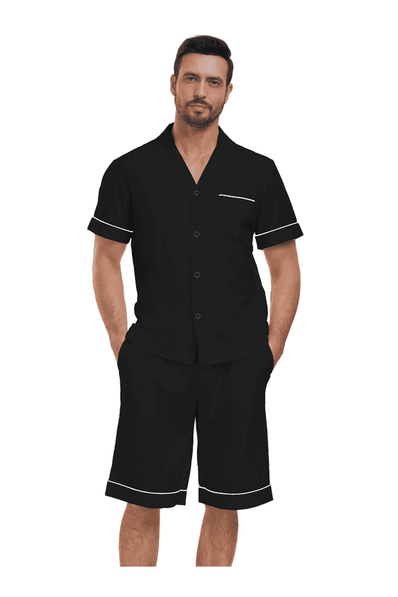 Mens Pajamas Set 100% Cotton Short Sleepwear Sets Classic Button Down Loungewear Summer Mens Pjs Sets With Pockets (Black,M)
