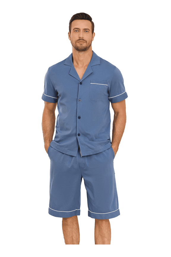 Mens Pajamas Set 100% Cotton Short Sleepwear Sets Classic Button Down Loungewear Summer Mens Pjs Sets With Pockets (Blue,L)
