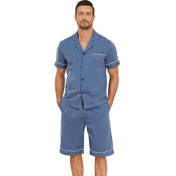 EA'S SECRET Mens Pajamas Set 100% Cotton Short Sleepwear Sets Classic Button Down Loungewear Summer Mens Pjs Sets With Pockets (Blue,M)