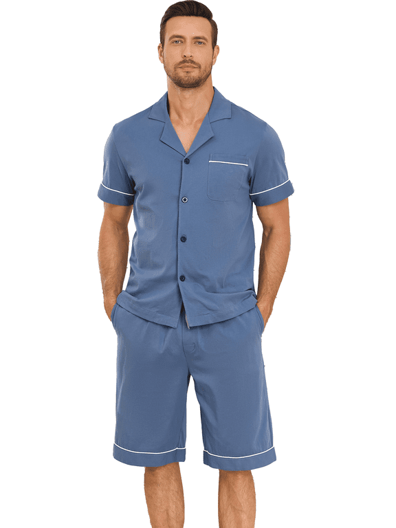 Mens Pajamas Set 100% Cotton Short Sleepwear Sets Classic Button Down Loungewear Summer Mens Pjs Sets With Pockets (Blue,XL)