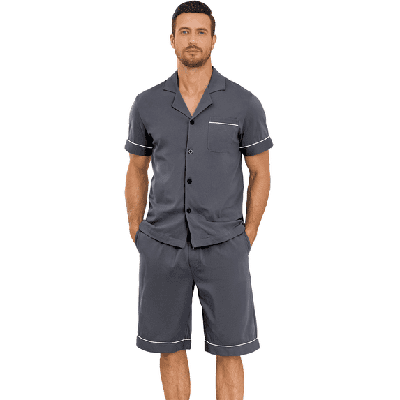 EA'S SECRET Mens Pajamas Set 100% Cotton Short Sleepwear Sets Classic Button Down Loungewear Summer Mens Pjs Sets With Pockets(Deep Grey,XL)