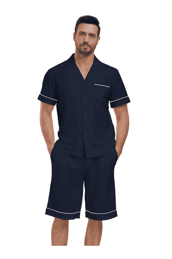 Mens Pajamas Set 100% Cotton Short Sleepwear Sets Classic Button Down Loungewear Summer Mens Pjs Sets With Pockets (Navy Blue,L)