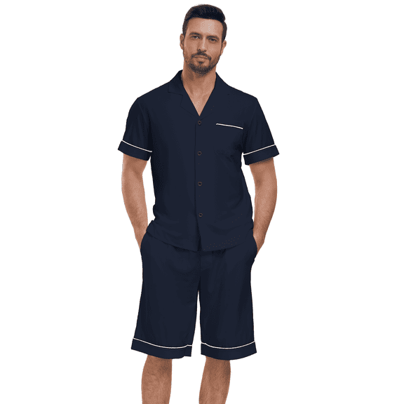 EA'S SECRET Mens Pajamas Set 100% Cotton Short Sleepwear Sets Classic Button Down Loungewear Summer Mens Pjs Sets With Pockets (Navy Blue,M)