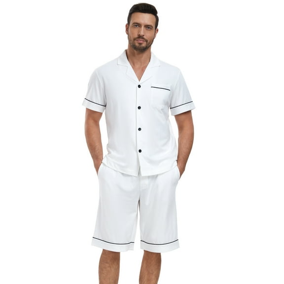 EA'S SECRET Mens Pajamas Set 100% Cotton Short Sleepwear Sets Classic Button Down Loungewear Summer Mens Pjs Sets With Pockets (White,L)
