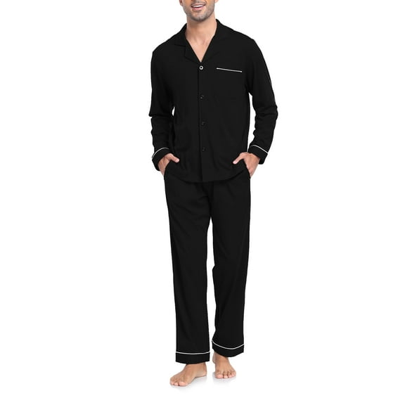 EA'S SECRET Mens Pajamas Set 100% Cotton Sleepwear Button Down Pajamas for Men Long Sleeve Lounge Pjs with Pockets & Fly(Black,S)