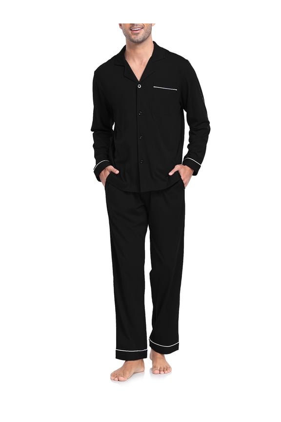 Mens Pajamas Set 100% Cotton Sleepwear Button Down Pajamas for Men Long Sleeve Lounge Pjs with Pockets & Fly(Black,XL)