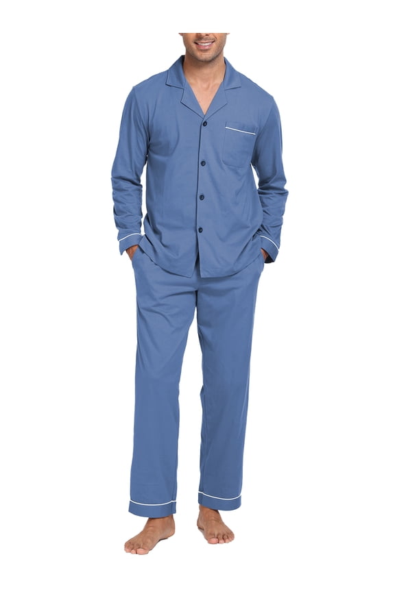 Mens Pajamas Set 100% Cotton Sleepwear Button Down Pajamas for Men Long Sleeve Lounge Pjs with Pockets & Fly(Blue,M)