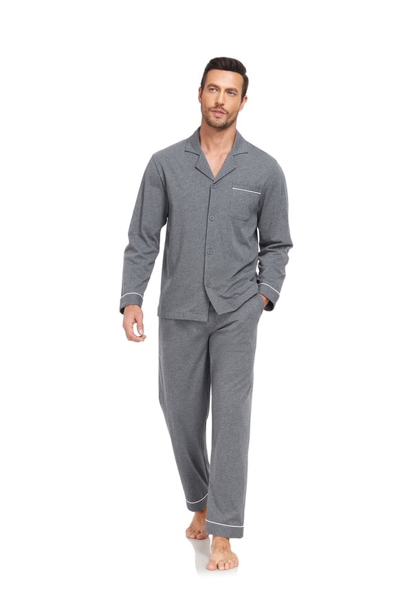 Mens Pajamas Set 100% Cotton Sleepwear Button Down Pajamas for Men Long Sleeve Lounge Pjs with Pockets & Fly(Dark Gray,L)