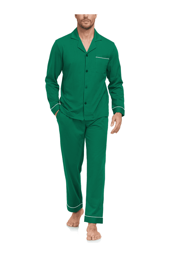 Mens Pajamas Set 100% Cotton Sleepwear Button Down Pajamas for Men Long Sleeve Lounge Pjs with Pockets & Fly(Green,XL)