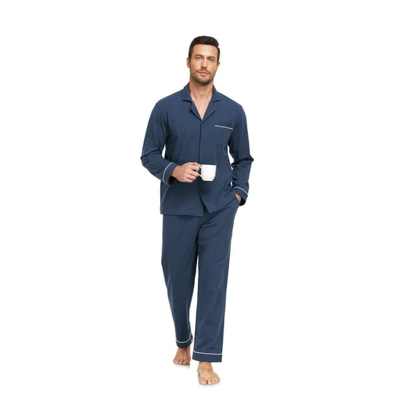 EA'S SECRET Mens Pajamas Set 100% Cotton Sleepwear Button Down Pajamas for Men Long Sleeve Lounge Pjs with Pockets & Fly(Heather Navy,S)