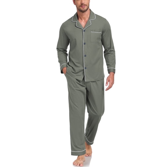 EA'S SECRET Mens Pajamas Set Soft 100% Cotton Notched Collar Pajamas for Men Long Sleeve Button Down Pjs Mens Sleepwear with Pockets(Army Green,L)