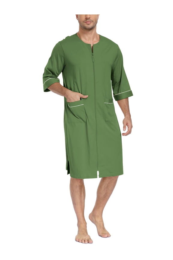 Mens Robes 100% Cotton Kimono House Coat Summer Zipper Short Bathrobes Soft Sleepwear with Pockets(Loden Frost,2XL)
