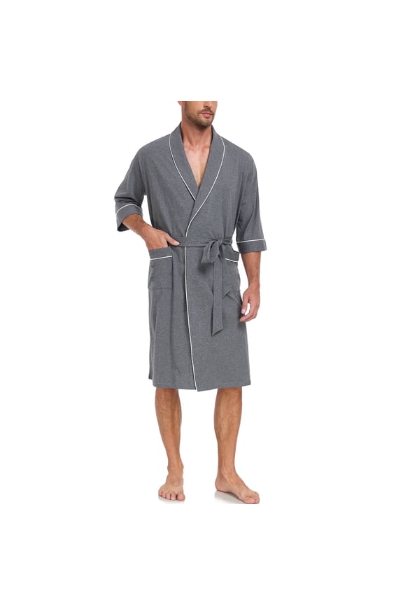Mens Robes 100% Cotton Lightweight Kimono Bathrobe Soft Robe ShorttSleeve Sleepwear Soft Knee Length Robe with Pockets Spa Robes for Men (Dark Grey,L)