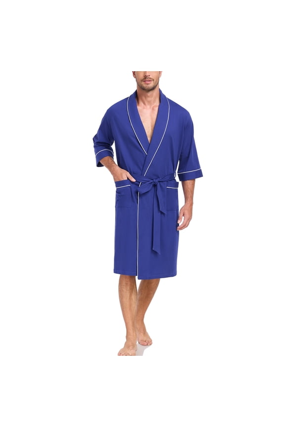 Mens Robes 100% Cotton Lightweight Kimono Bathrobe Soft Robe ShorttSleeve Sleepwear Soft Robe with Pockets Spa Robes for Men (Cobalt Blue,M)
