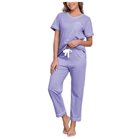 EA'S SECRET Pajamas for Women 100% Cotton V Neck Sleepwear Short Sleeve Top with Long Pants Loungewear with Pockets Knit (Lavender,XL)