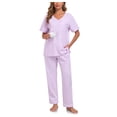 thumbnail image 1 of EA'S SECRET Pajamas for Women 100% Cotton V Neck Sleepwear Short Sleeve Top with Long Pants Loungewear with Pockets Knit (Light Purple,M), 1 of 8
