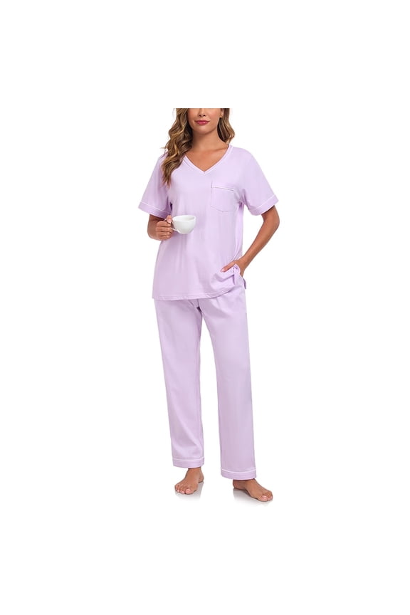 Pajamas for Women 100% Cotton V Neck Sleepwear Short Sleeve Top with Long Pants Loungewear with Pockets Knit (Light Purple,M)
