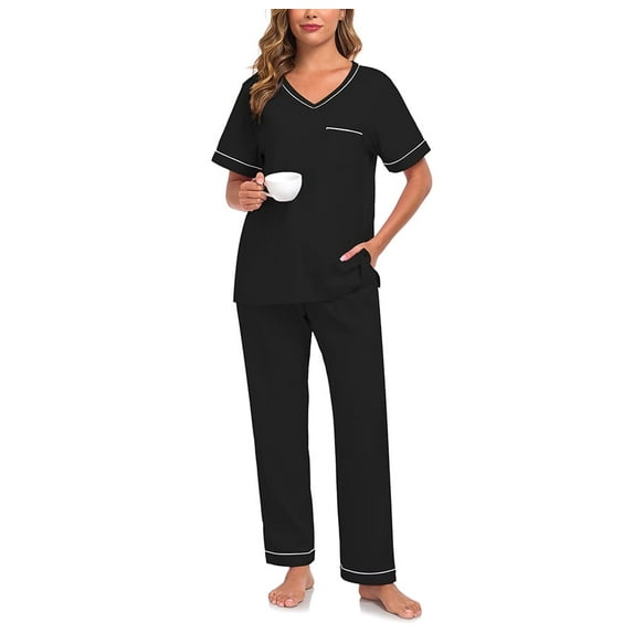 EA'S SECRET Pajamas for Women Set V Neck Short Sleeve Lounge Set Elastic Waistband Sleepwear with Long Pants 2 Piece Pjs (Black,2XL)