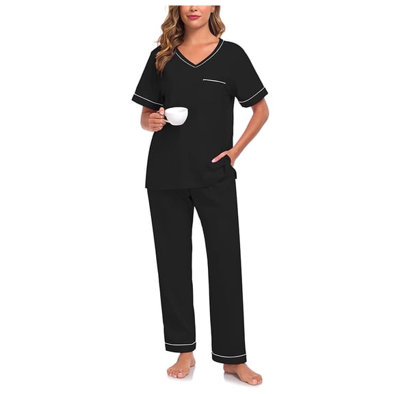 EA'S SECRET Pajamas for Women Set V Neck Short Sleeve Lounge Set Elastic Waistband Sleepwear with Long Pants 2 Piece Pjs (Black,M)