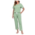 thumbnail image 1 of EA'S SECRET Pajamas for Women Set V Neck Short Sleeve Lounge Set Elastic Waistband Sleepwear with Long Pants 2 Piece Pjs (Sage Green,M), 1 of 8