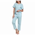 thumbnail image 1 of EA'S SECRET Pajamas for Women Set V Neck Short Sleeve Lounge Set Elastic Waistband Sleepwear with Long Pants 2 Piece Pjs (Sea Salt Blue,S), 1 of 9