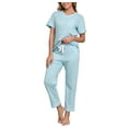 thumbnail image 1 of EA'S SECRET Pajamas for Women Set V Neck Short Sleeve Lounge Set Elastic Waistband Sleepwear with Long Pants 2 Piece Pjs (Sea Salt Blue,S), 1 of 9