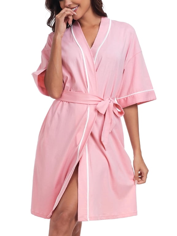 Robes for Women 100% Cotton Summer Robes Short Knit Bathrobe Lightweight Knee-Length Loungewear With Pockets(Pink,M)